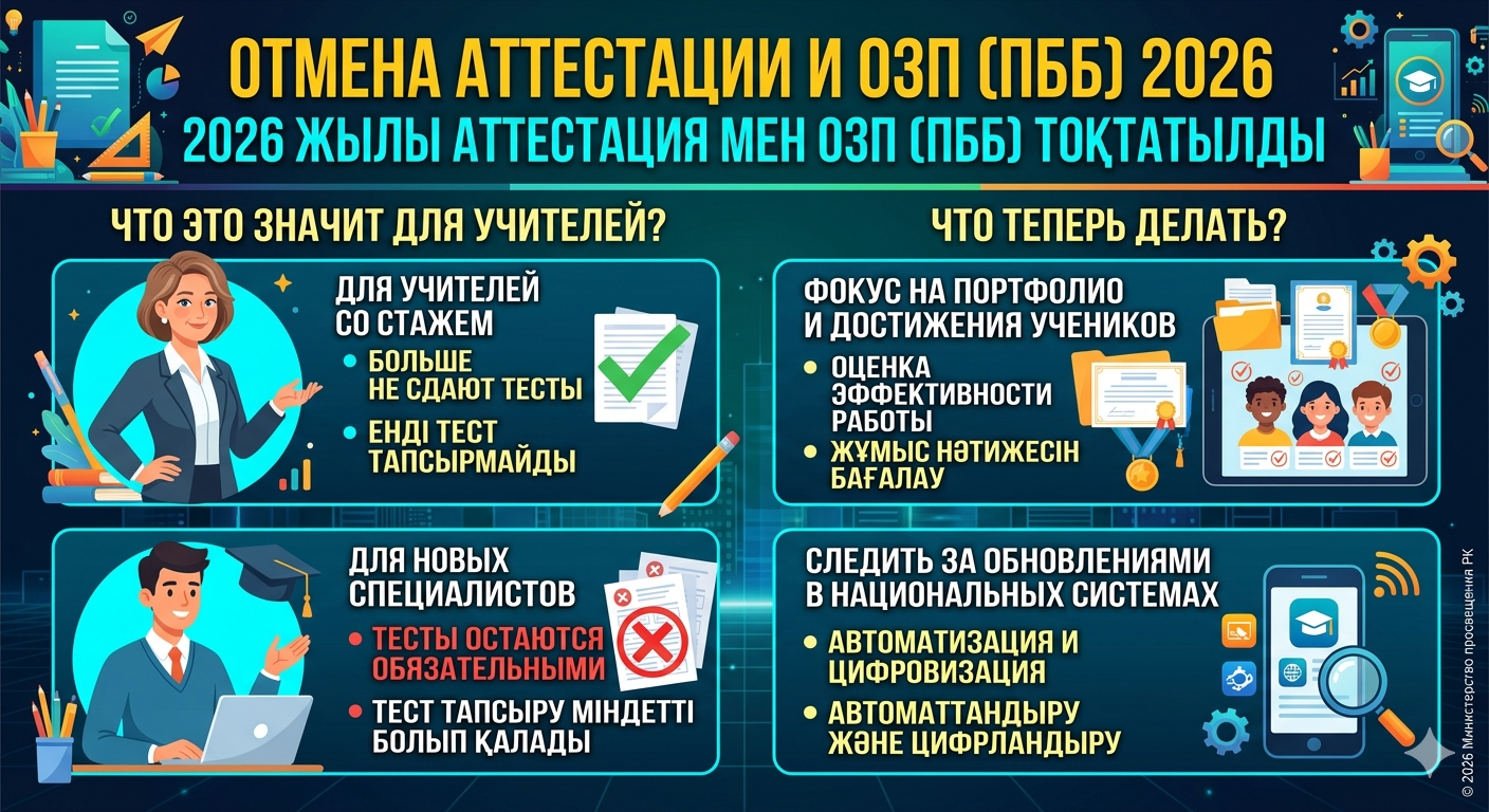 Аттестация мен ОЗП (ПББ) 2026 тоқтатылды: ҚР мұғалімдері үшін негізгі өзгерістер